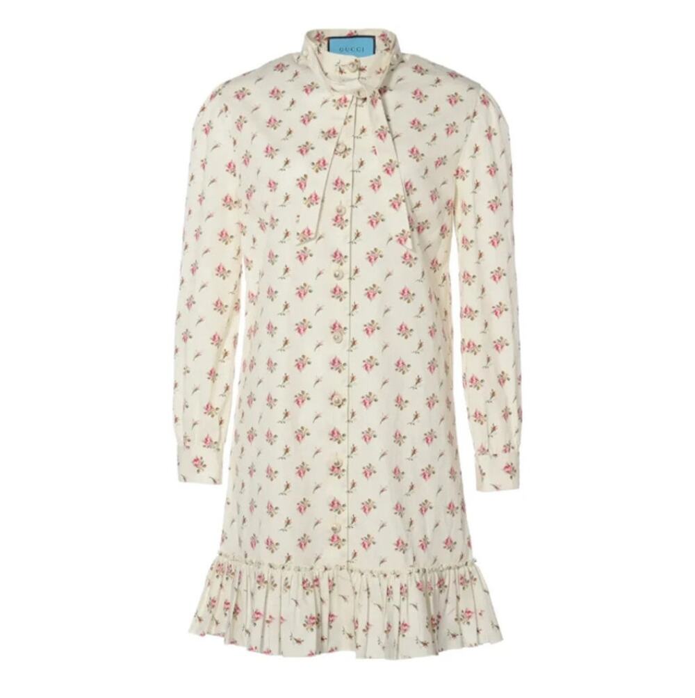 Gucci Women's Ivory Cherry Print Bow Tie Interlocking G Cotton Dress  40 / US 4
